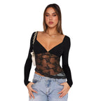 Damen Spitzenbluse mit tiefem V-Ausschnitt und langärmligem Design R&B