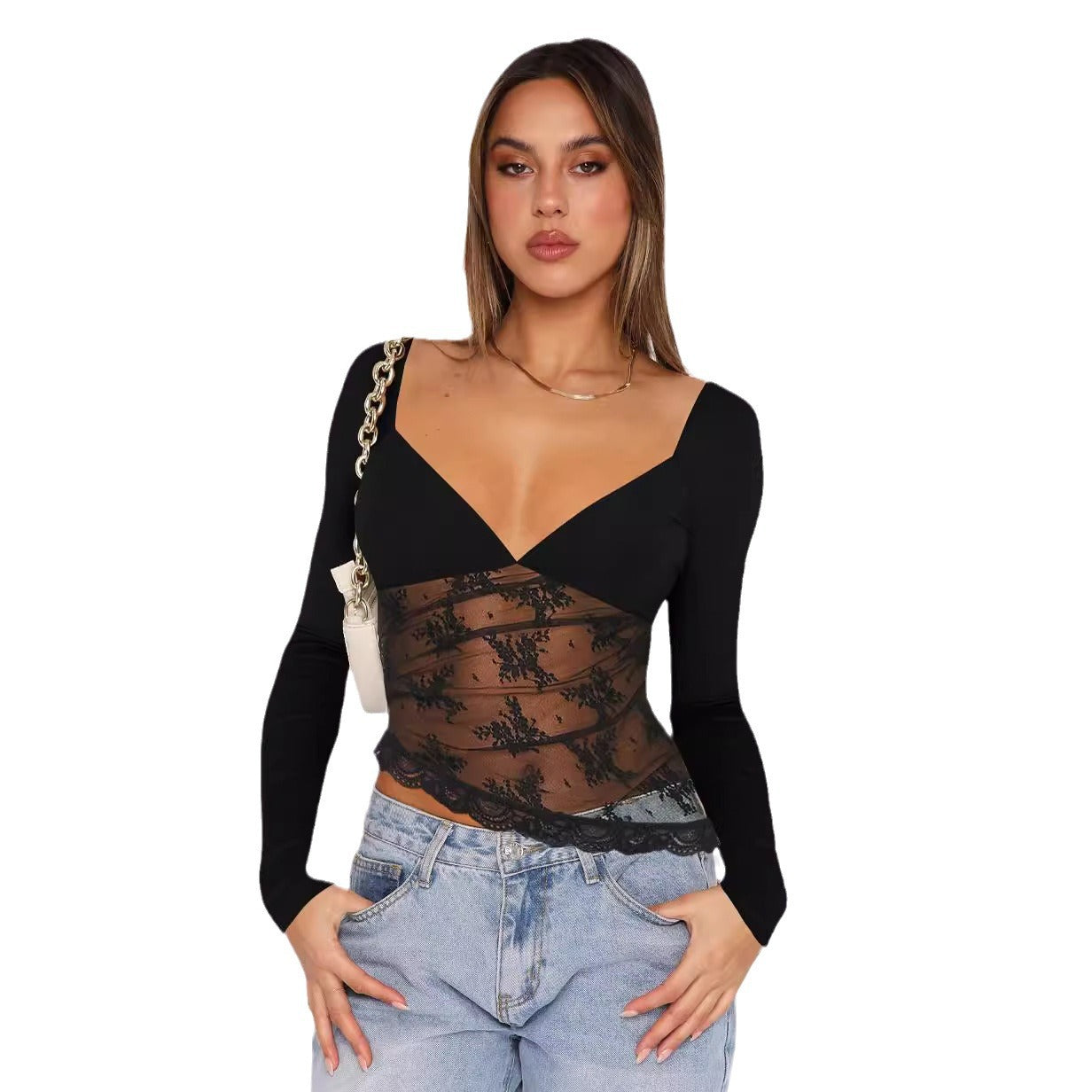 Damen Spitzenbluse mit tiefem V-Ausschnitt und langärmligem Design R&B