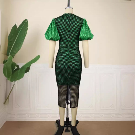 Damen figurbetontes Kleid mit innovativem Netzdesign und voluminösen Puffärmeln R&B