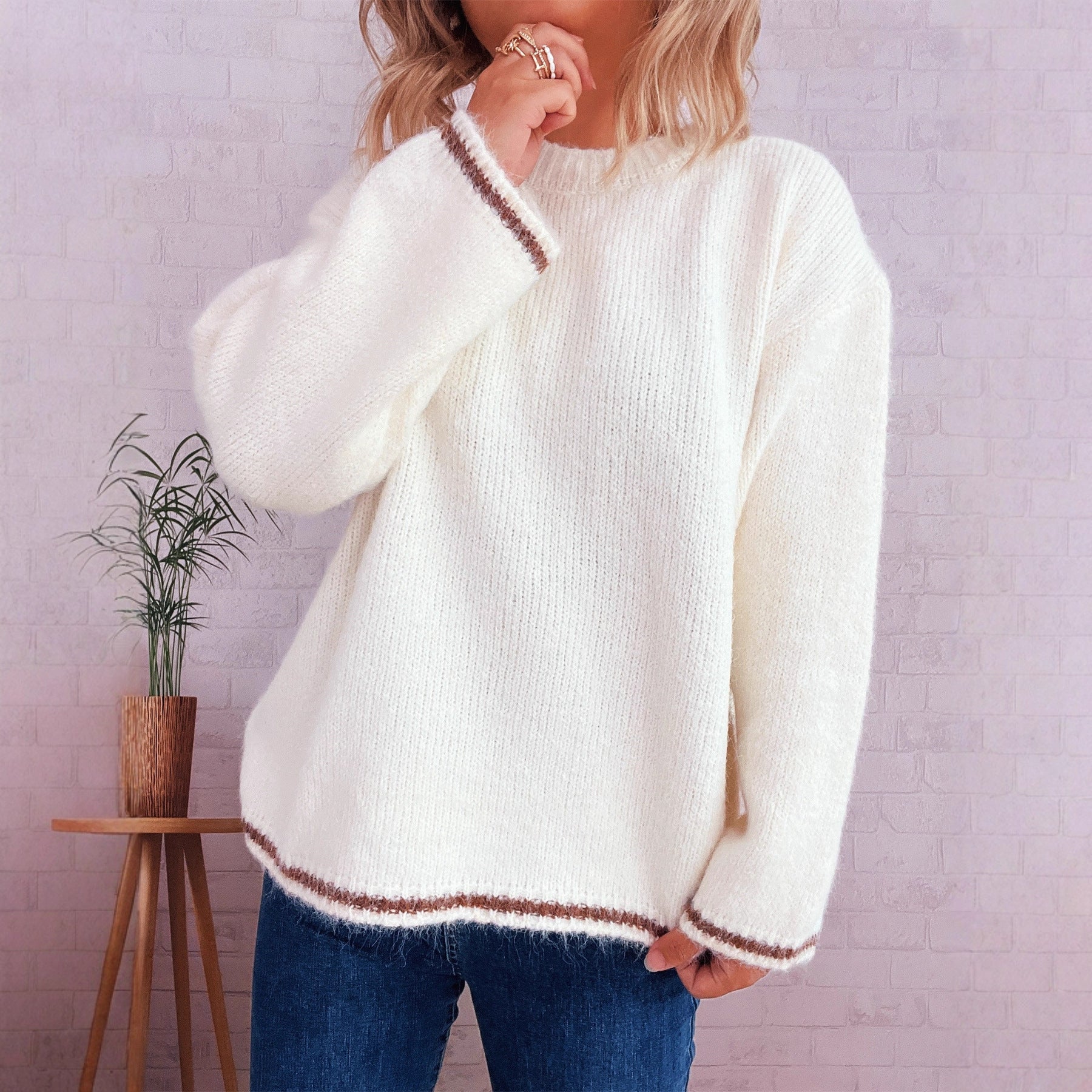 Damen lässiger Wohlfühlpullover mit blockfarbenem Design R&B