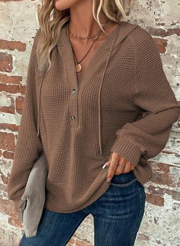 Damen lässiger Kapuzenpullover mit Knopfdetails und strukturiertem Gewebe R&B