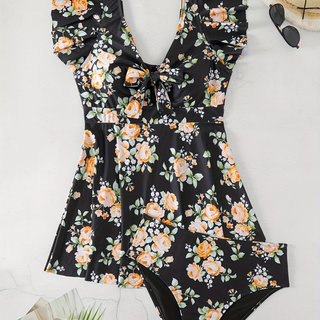 Damen Einteiler Badeanzug mit Rüschendetails und floralem Design R&B