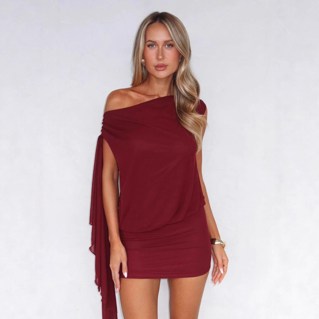 Damen elegantes One-Shoulder Kleid mit fließendem Material R&B