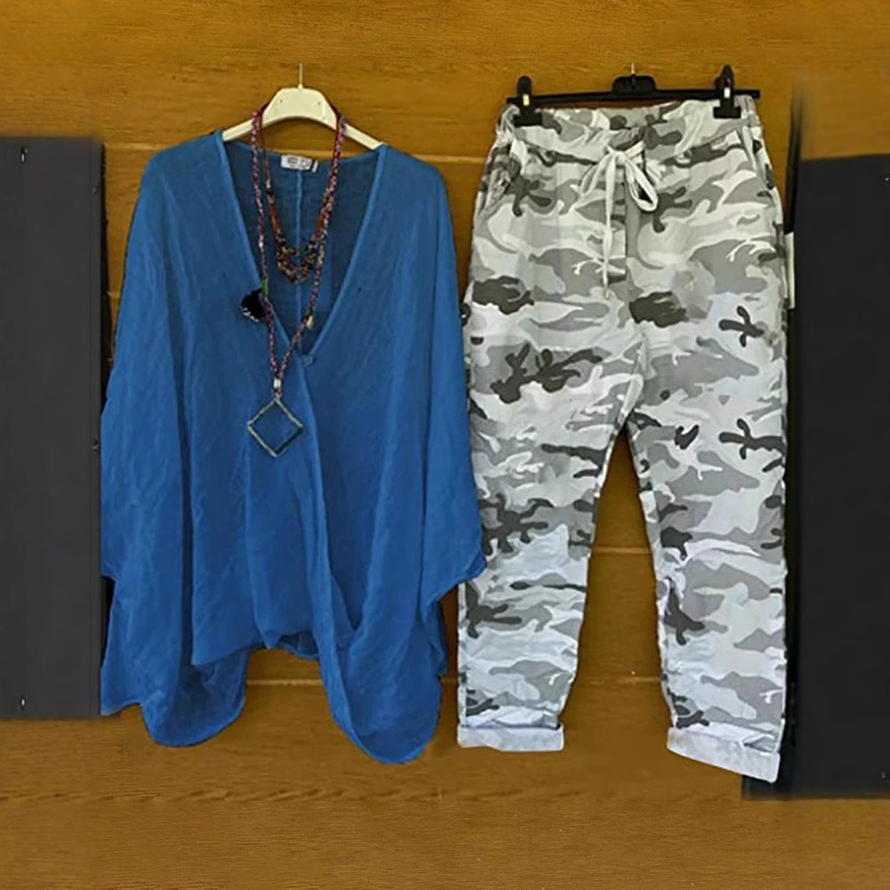Damen nan Zweiteiler aus fließendem Kimono-Top und Camouflage-Jogginghose R&B