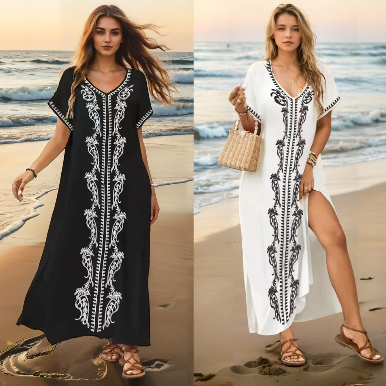 Damen eleganter Strandüberwurf mit filigranem Stickereidesign R&B