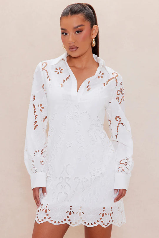 Damen Elegantes Hemdblusenkleid mit raffinierter Lochstickerei und langem Ärmel R&B