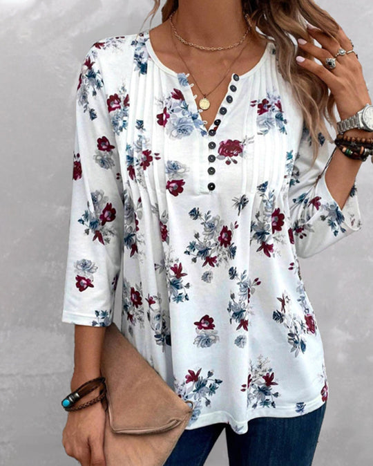 Damen nan florale Tunika-Bluse mit Kellerfalten und Zierknopfleiste R&B