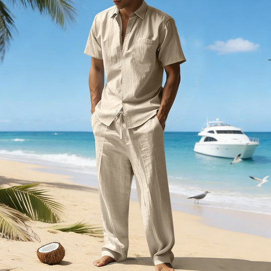 Herren nan resort-taugliches Kurzarm-Hemd mit Brusttasche und lässiger Leinen-Kordelhose R&B