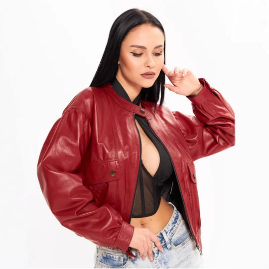Damen klassische Kunstlederjacke im modischen Oversized-Schnitt R&B