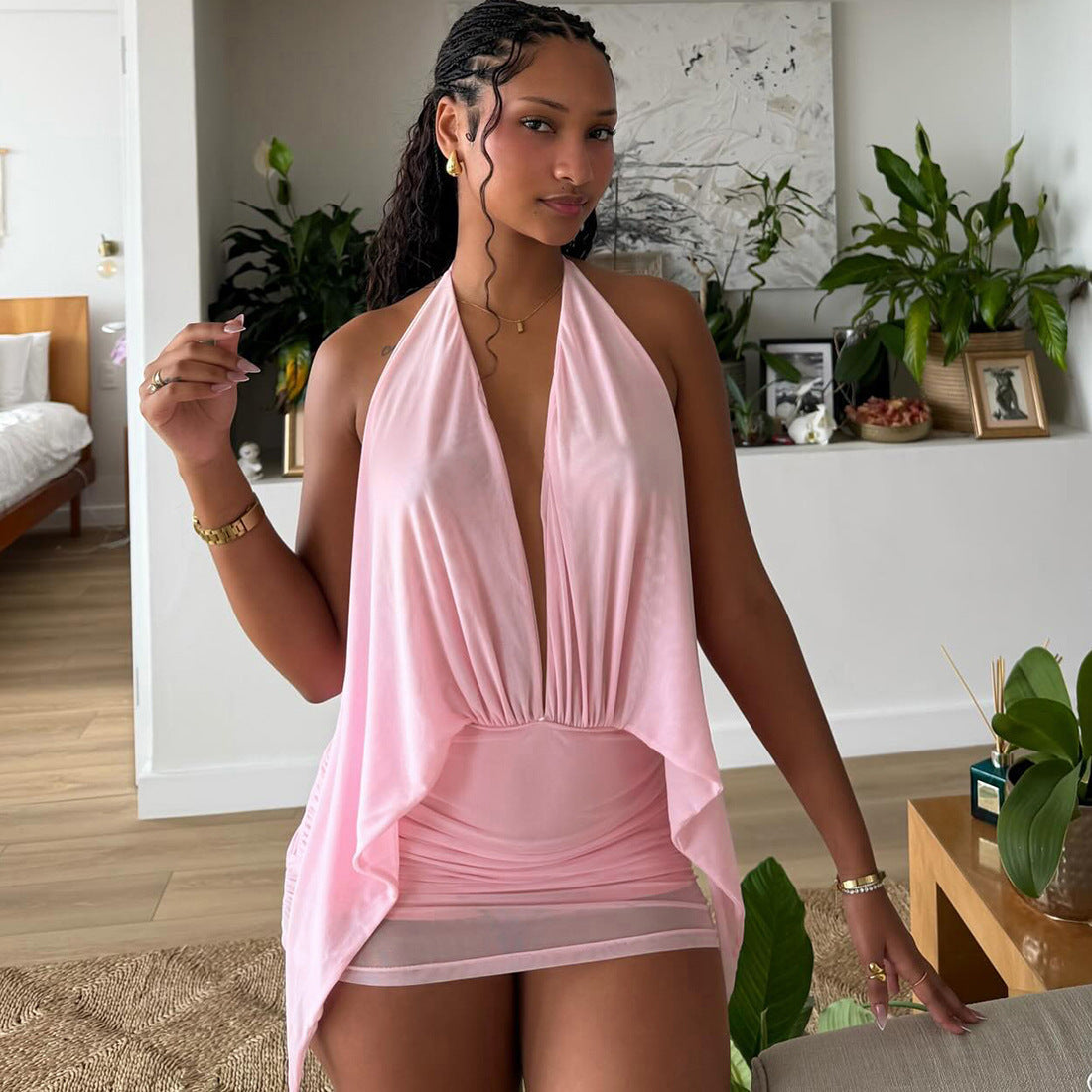 Damen kurzes lässiges Strandkleid mit tiefem V-Ausschnitt und fließender Silhouette R&B