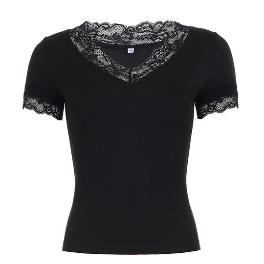 Damen Elegantes Spitzen-T-Shirt mit V-Ausschnitt und Kurzarm R&B