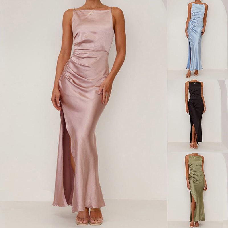 Damen Elegantes Satinabendkleid mit sexy Schlitz und raffiniertem Schnitt R&B