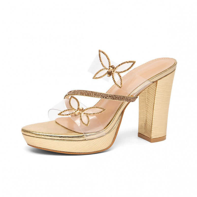 Damen Glamouröse High Heels mit funkelnden Blumenapplikationen und transparenten Riemen R&B