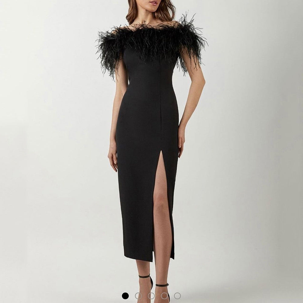 Damen Abendkleid mit federverziertem Oberteil und schlankem Schnitt R&B