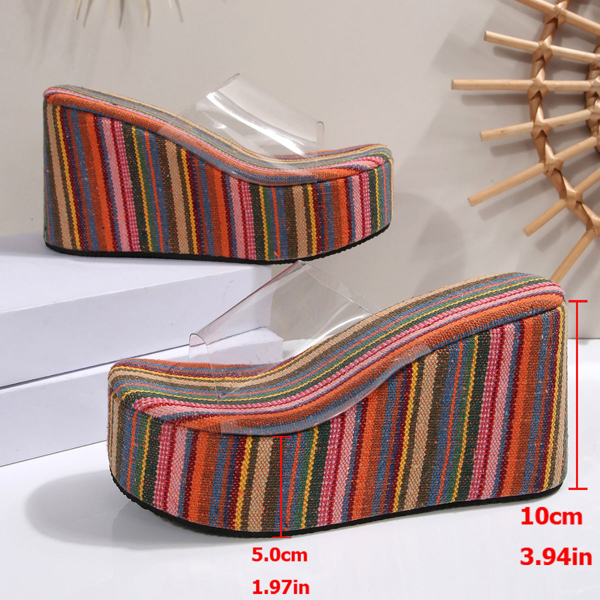 Damen Wedge-Pantoletten mit durchsichtigen Riemen und farbenfrohem Streifenmuster