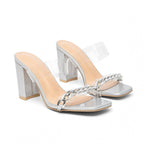 Damen transparente Slingback-Sandalen mit elegantem Blockabsatz und Metallkettendetail R&B