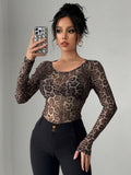 Damen Transparente Langarm-Bluse mit Leopardenmuster R&B