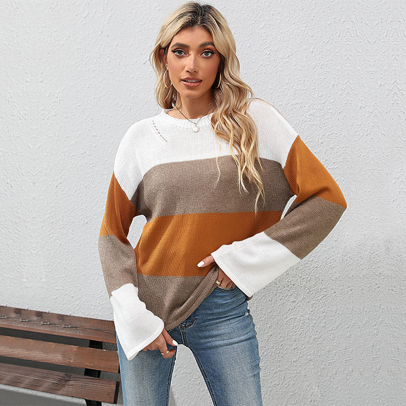 Damen lässiges Strickoberteil mit modischem Blockstreifen-Winterdesign R&B
