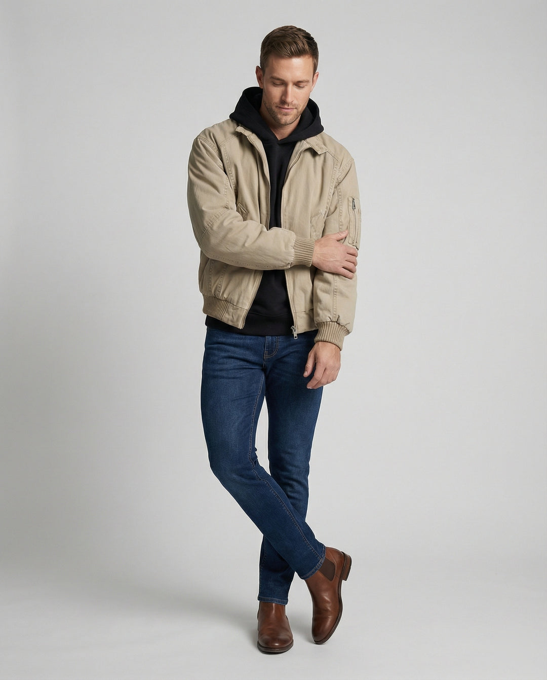 Warme Herren Daunenjacke mit Stehkragen aus gewaschener Baumwolle