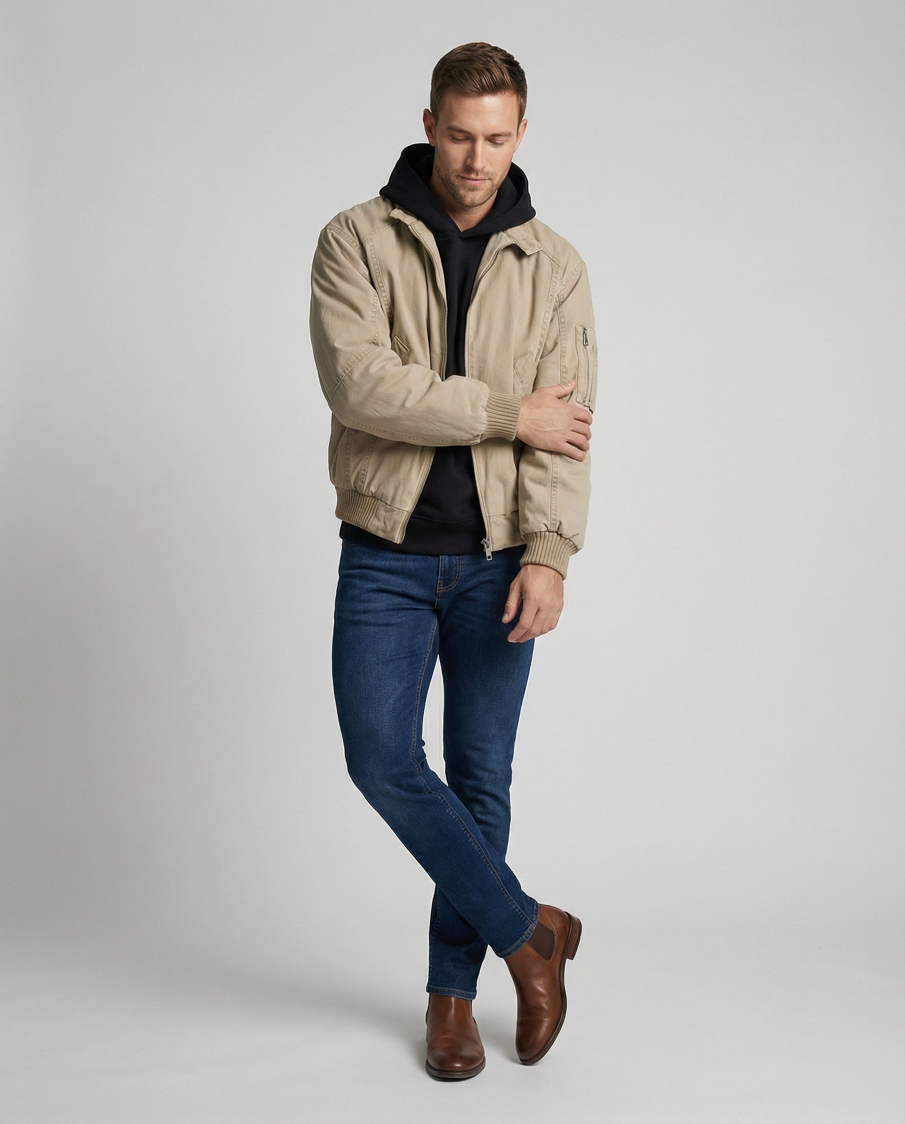 Warme Herren Daunenjacke mit Stehkragen aus gewaschener Baumwolle