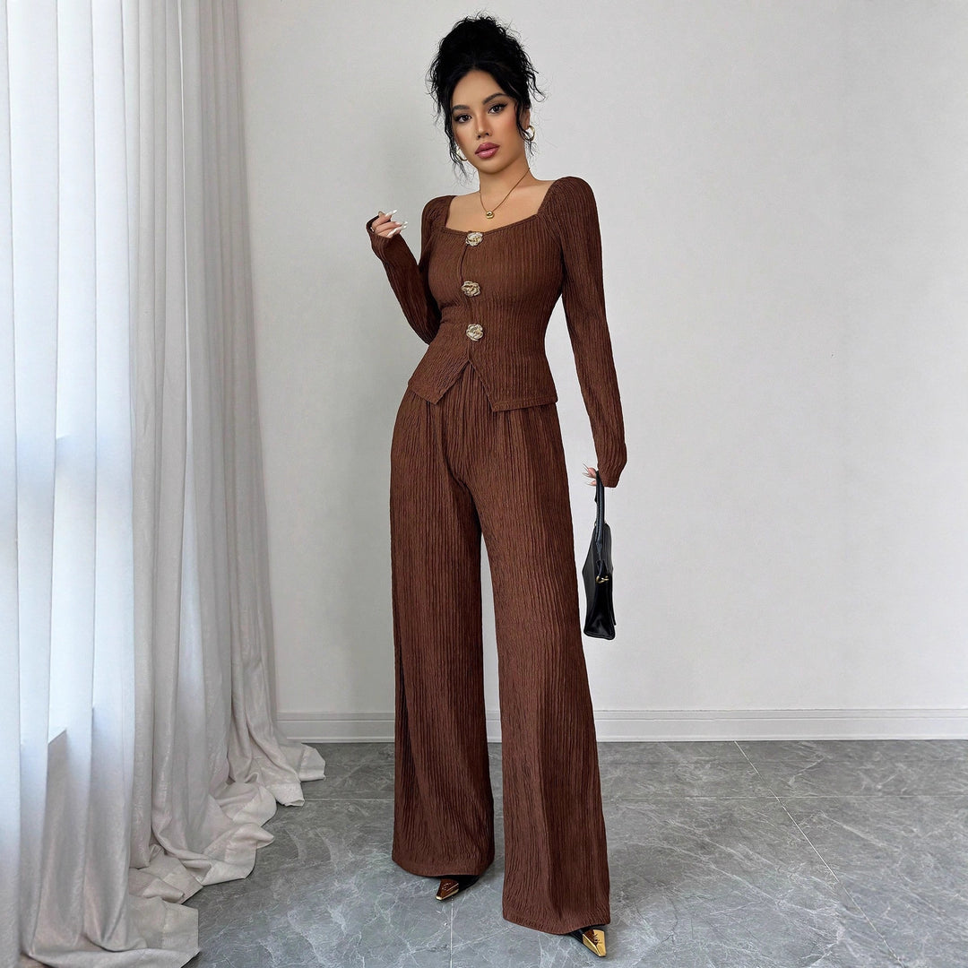 Damen nan tailliertes Blusen- und Hosen-Set aus Crinkle-Plissee mit Puffärmeln und Zierknöpfen R&B