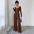 Damen nan tailliertes Blusen- und Hosen-Set aus Crinkle-Plissee mit Puffärmeln und Zierknöpfen R&B
