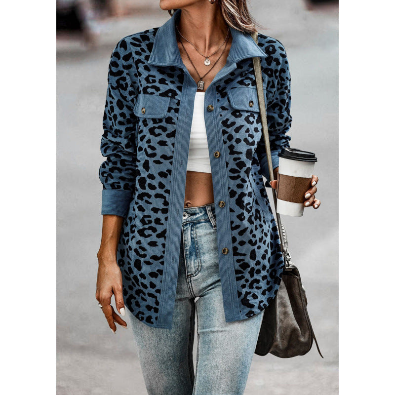 Damen tierisches Print-Langarm-Hemdjacke mit aufgesetzten Taschen R&B