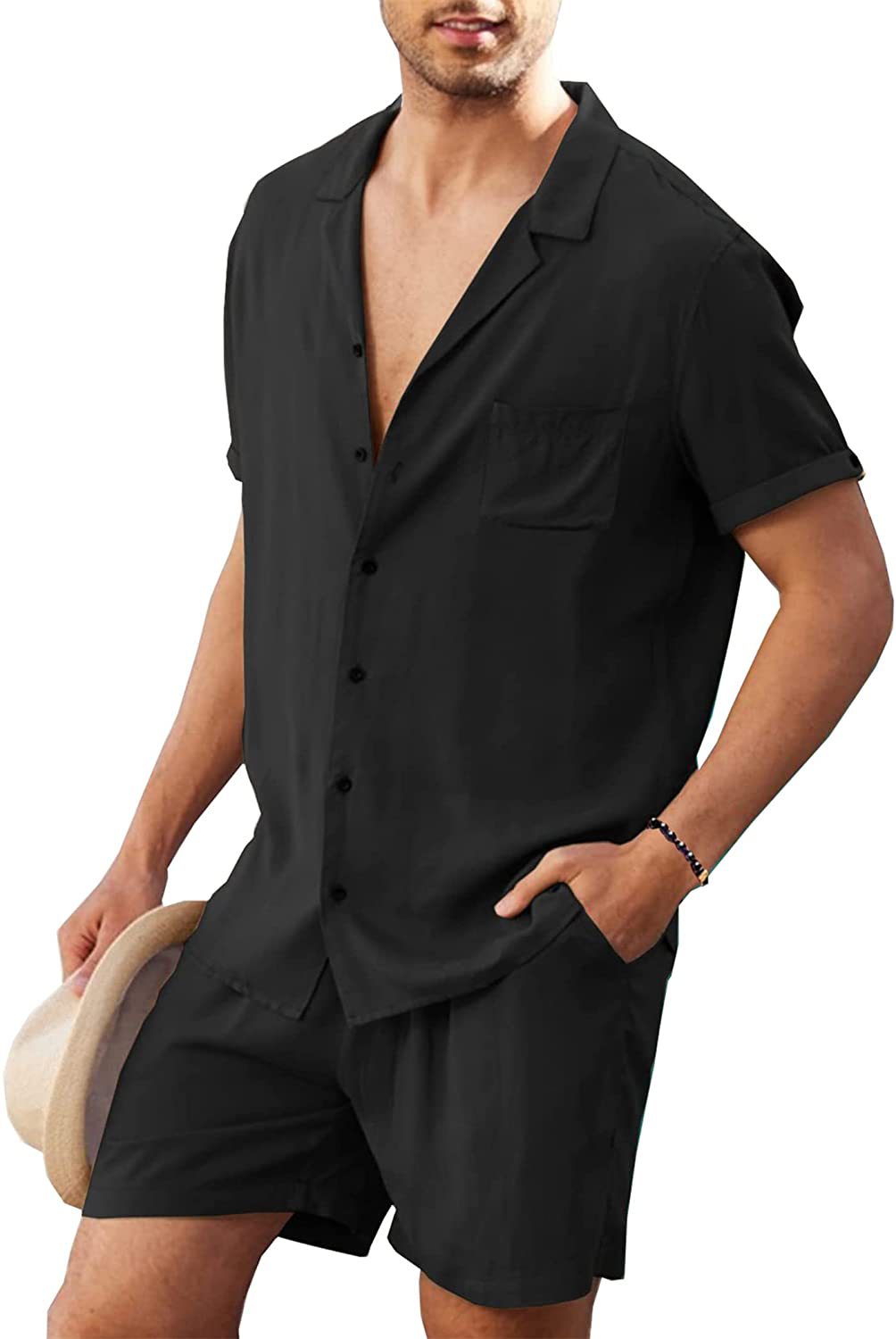 Herren nan zweiteiliges Sommer-Freizeitensemble mit offenem Revershemd und elastischer Kurzhose R&B