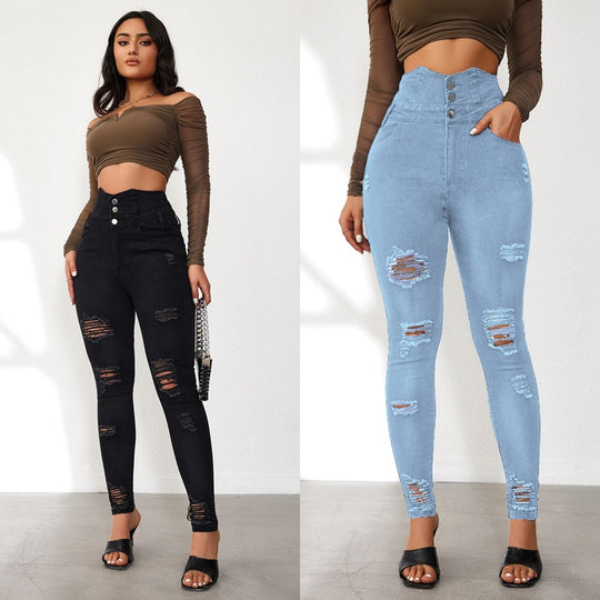 Damen High-Waist Jeans mit modischen Riss- und Knopfdetails R&B