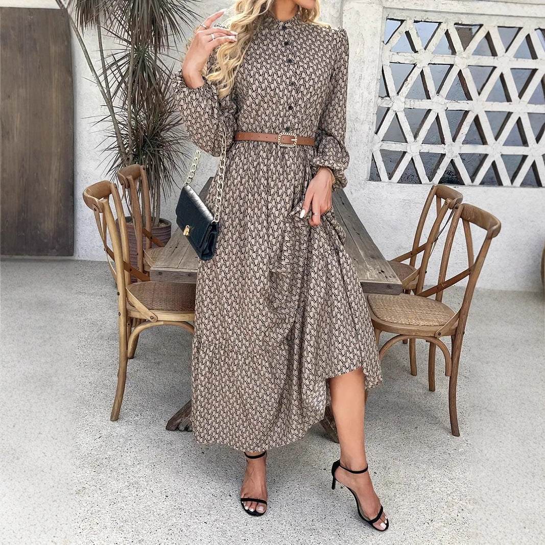 Damen Maxikleid mit raffiniertem Muster und Taillengürtel R&B