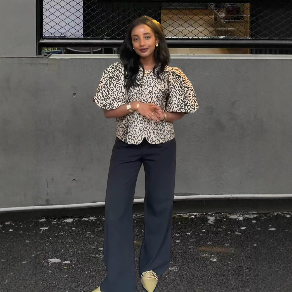 Damen Stylisches Leo-Muster Oberteil mit puffärmeligen Design R&B