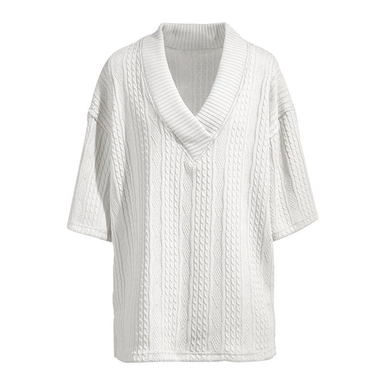 Damen nan Kurzarm-Strickpullover im weiten Schnitt mit tiefem V-Kragen und Zopfmuster R&B
