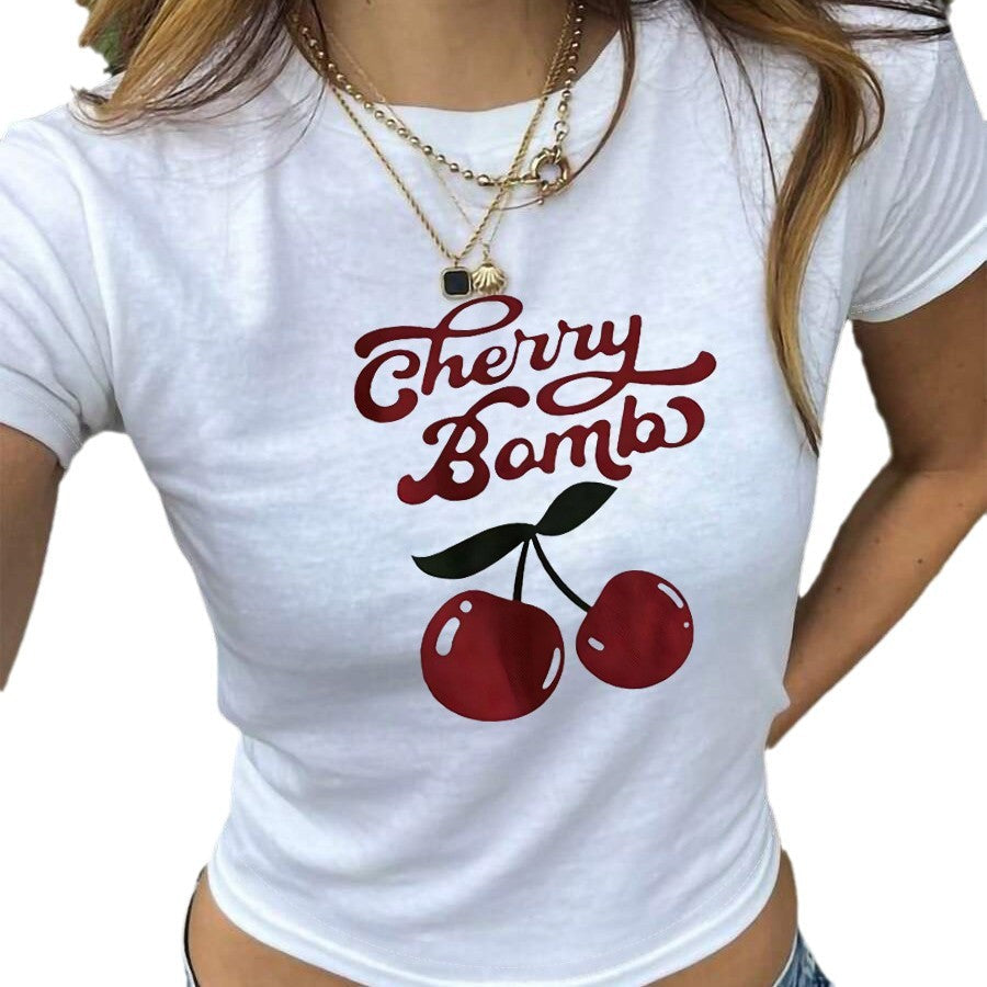 Damen Crop-T-Shirt mit fröhlichem Kirschmotiv und lockerer Passform R&B
