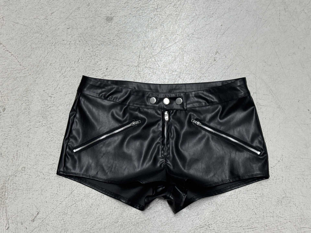 Damen Kunstleder-Shorts mit modischen Reißverschlüssen und figurbetontem Schnitt R&B