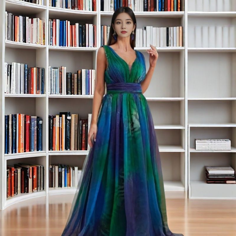 Damen Elegantes Abendkleid mit schimmernden Tüll-Lagen und tiefem V-Ausschnitt R&B