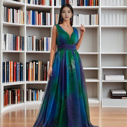Damen Elegantes Abendkleid mit schimmernden Tüll-Lagen und tiefem V-Ausschnitt R&B