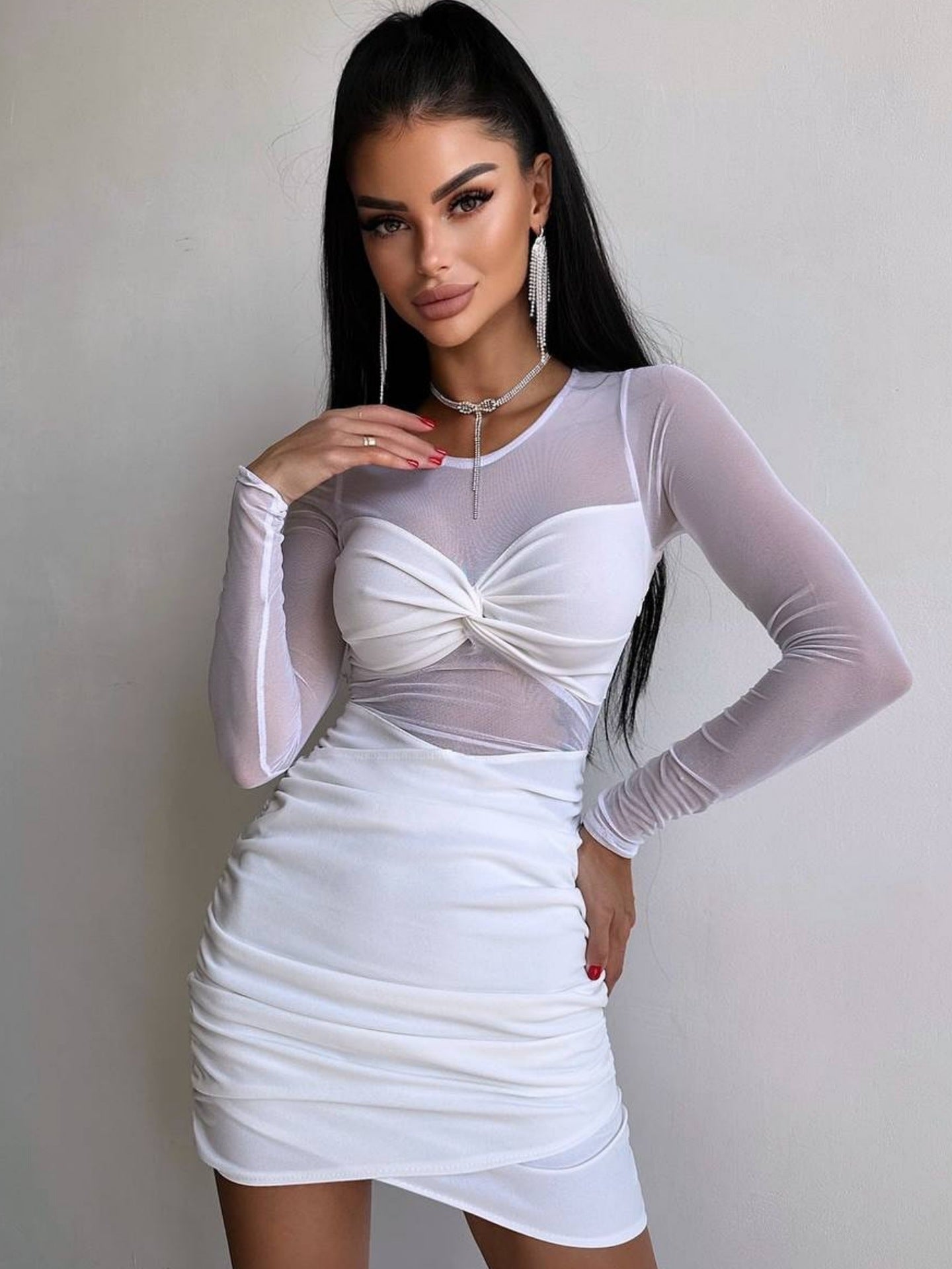Damen figurbetontes Kleid mit langem Arm und raffiniertem Verknotungsdetail R&B