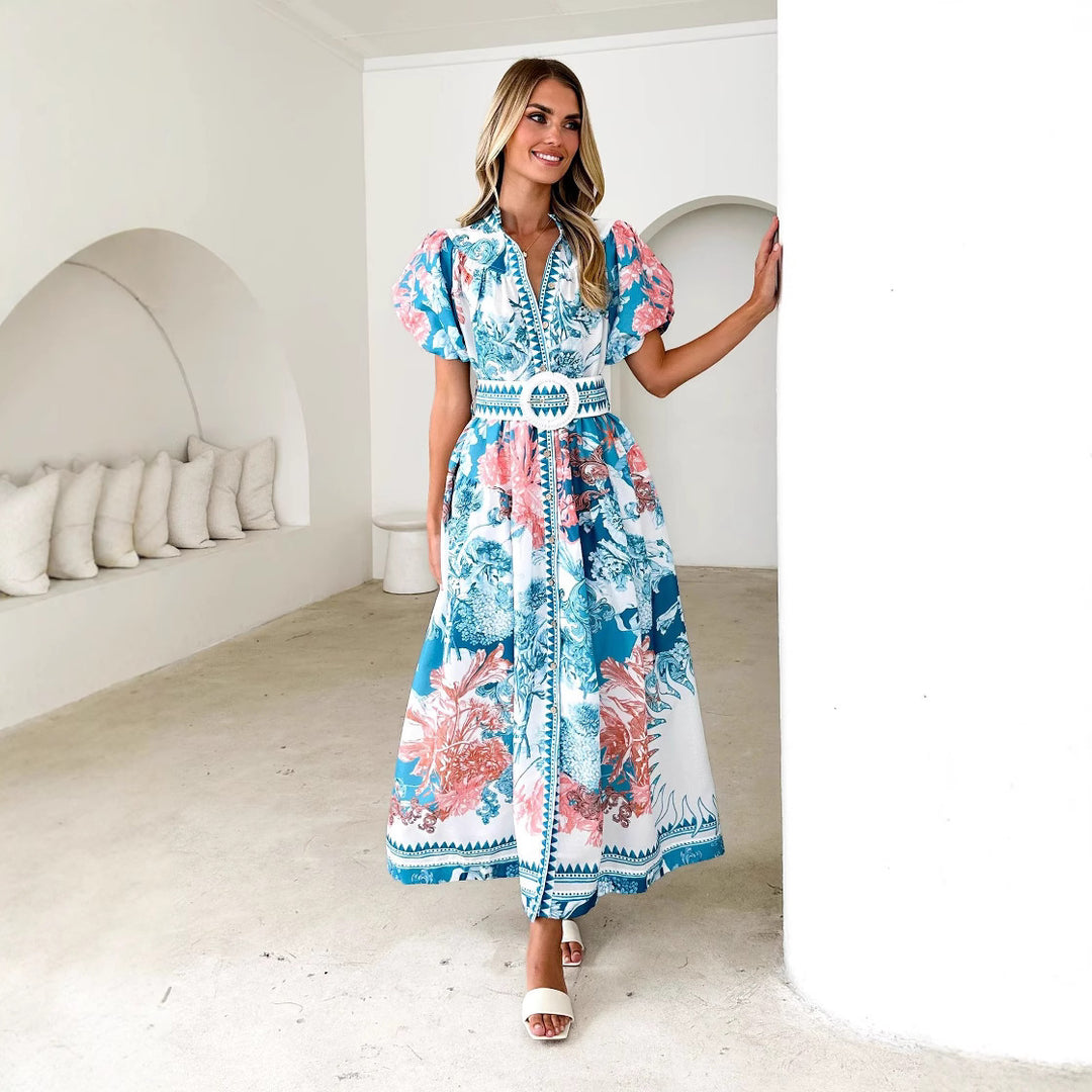 Damen Maxikleid mit hohem Kragen und eleganten Puffärmeln R&B