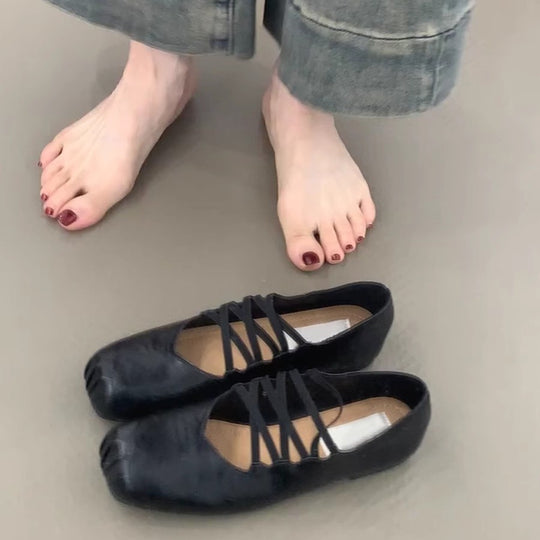 Damen Ballerina-Schuhe mit dekorativem Schnürdesign und hochwertiger Lederoberfläche R&B