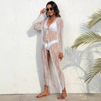 Damen transparenter Strandüberwurf mit aufwendiger Häkelspitze R&B