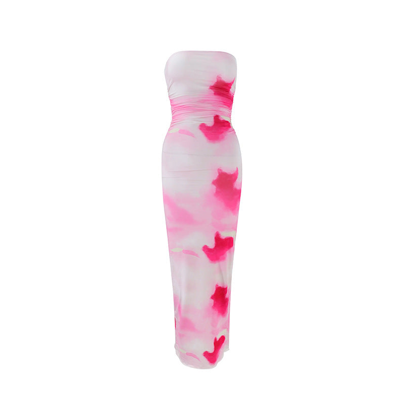 Damen elegantes, trägerloses Maxikleid mit raffiniertem Mustermix R&B