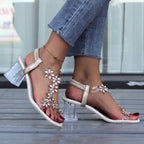 Damen Sandalen mit funkelnden Blumenapplikationen und klarem Blockabsatz R&B