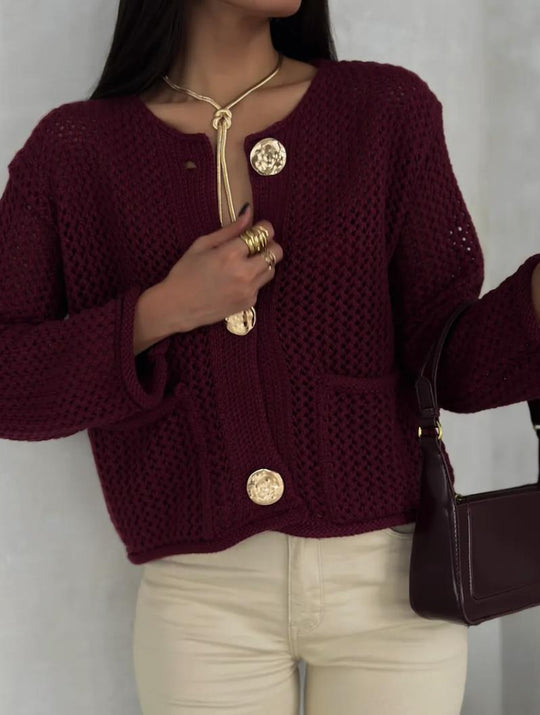 Damen luftiger Strickjacke mit dekorativem Netzdesign und praktischen Taschen R&B