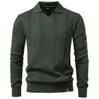 Herren nan feiner Strick-Polopullover mit V-Ausschnitt, Zickzackstruktur und Kentkragen R&B