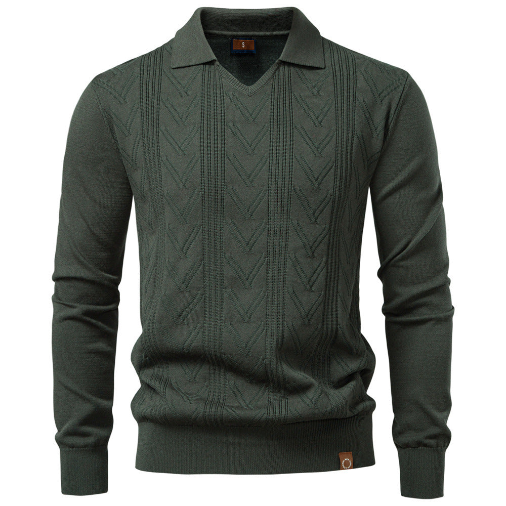 Herren nan feiner Strick-Polopullover mit V-Ausschnitt, Zickzackstruktur und Kentkragen R&B
