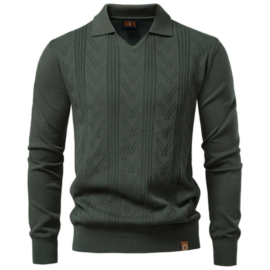 Herren nan feiner Strick-Polopullover mit V-Ausschnitt, Zickzackstruktur und Kentkragen R&B