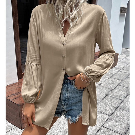 Damen lässige Bluse mit V-Ausschnitt und Ballonärmeln R&B