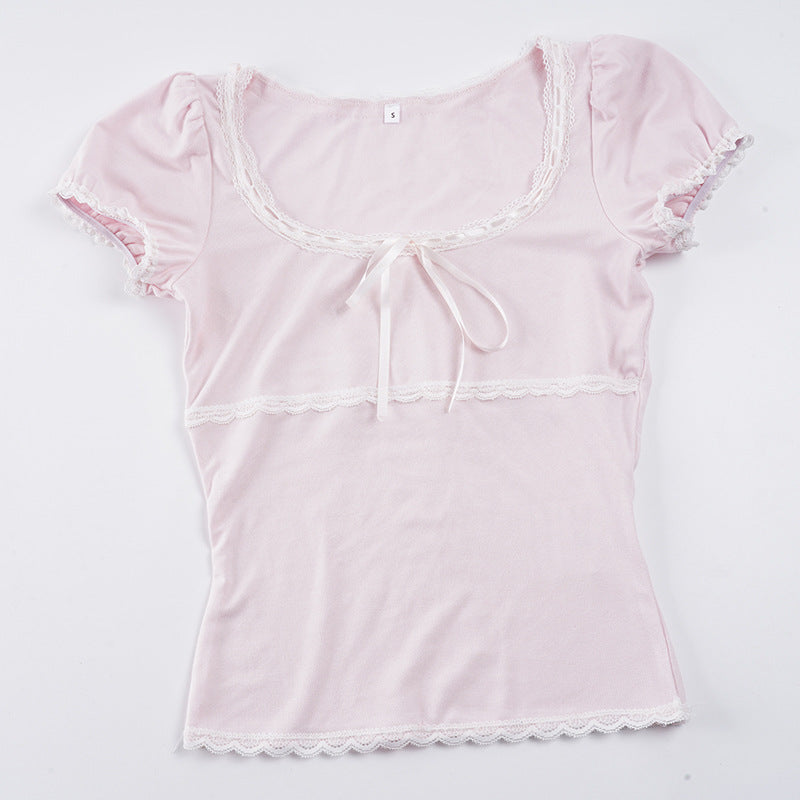 Damen Kurzarm Top mit Rüschendetails und verspieltem Kordelzug R&B