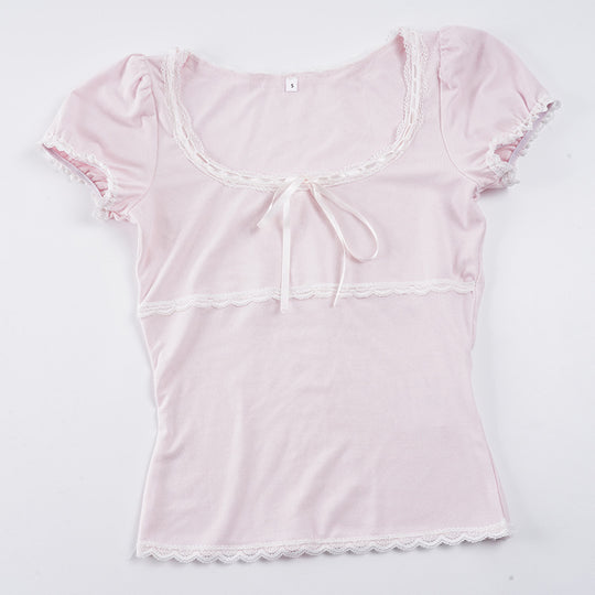 Damen Kurzarm Top mit Rüschendetails und verspieltem Kordelzug R&B