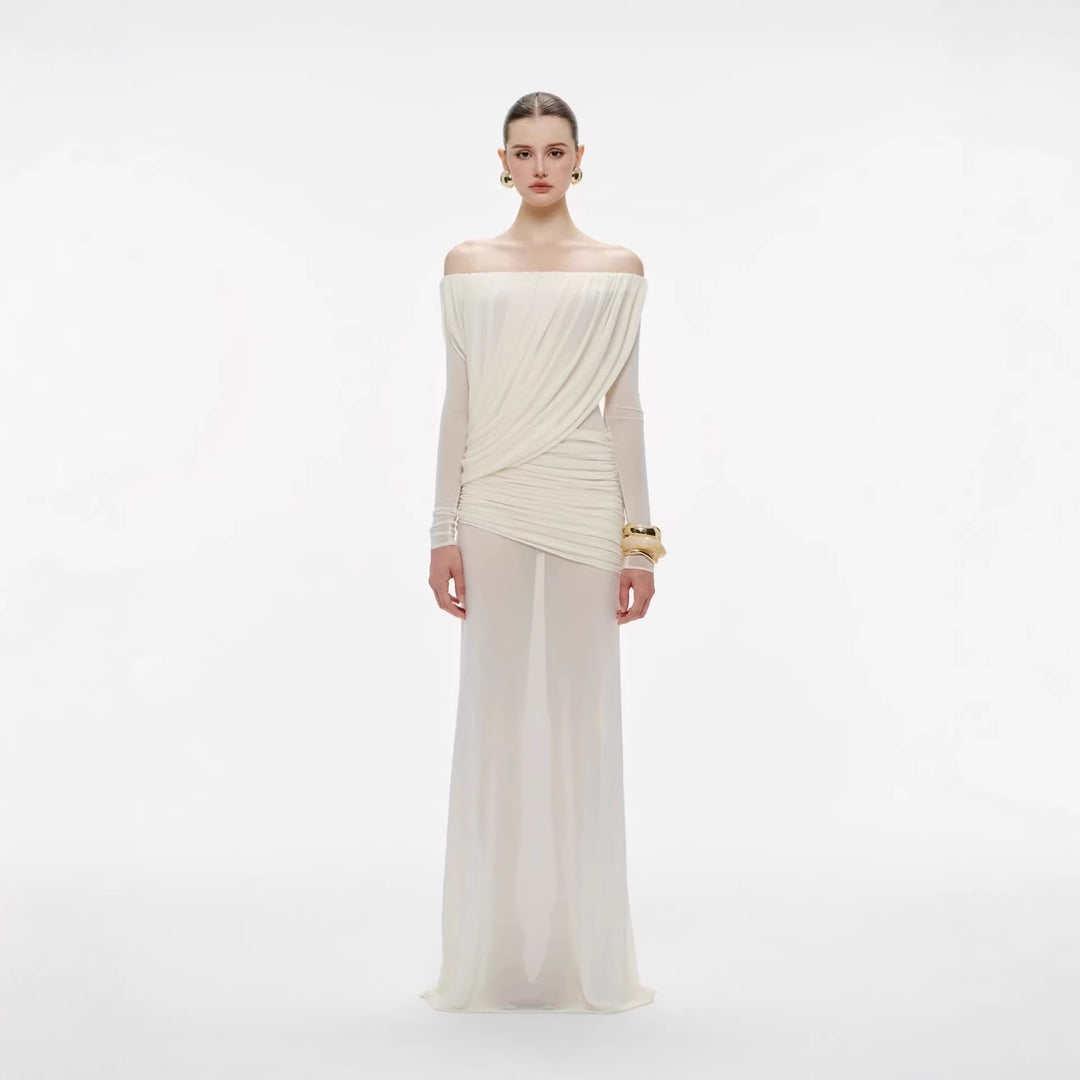 Damen Langarm Maxikleid mit Drapier-Design und schulterfreiem Ausschnitt R&B